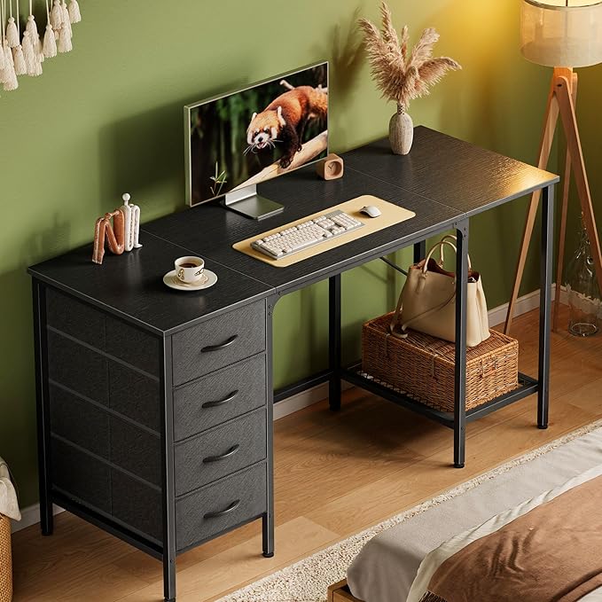Huuger 55 Inch Computer Desk with 4 Drawers and Mesh Shelf, Gaming and Work Desk for Home Office, Study, Bedroom, Work from Home