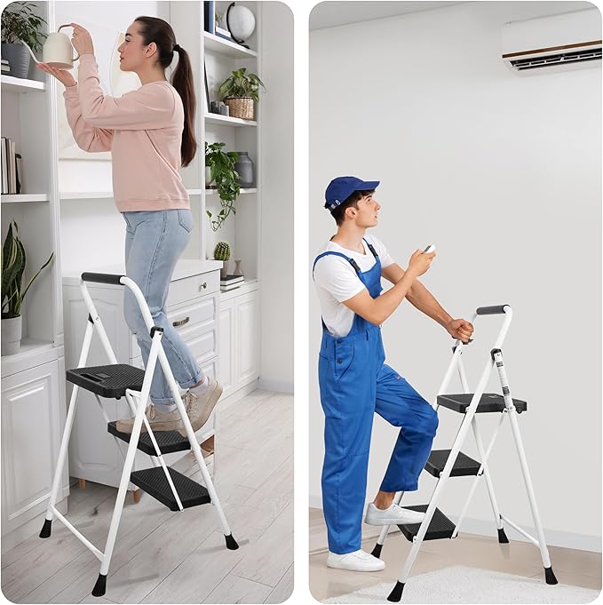 3 Step Ladder, Portable Steel Folding Step Stool with Wide Anti-Slip Pedal & Convenient Handgrip, 500lbs Sturdy Steel Ladder, White