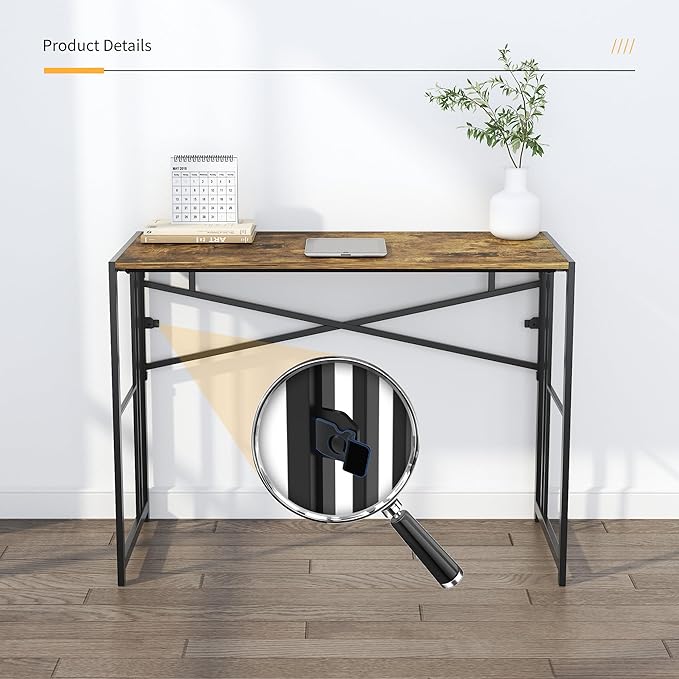 40 inch Folding Computer Desk, Writing Gaming Computer Camping Desk, No Assembly Required Home Office Table, Rustic Brown