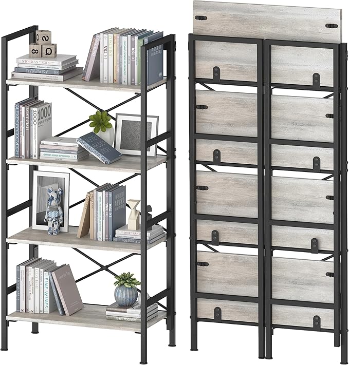 Folding Bookshelf,4 Tier Bookcase Foldable Shelf with X-Bracket Design, Adjustable Feet, Space Saving Storage for Living Room, Office, Brownish