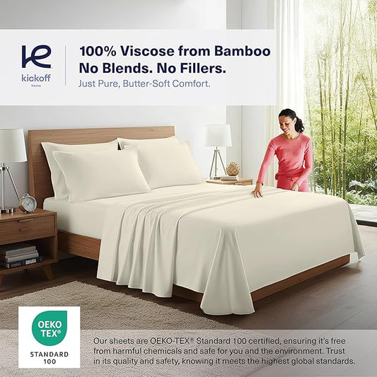 Kickoff Viscose Bamboo Sheets Twin XL Size 3-pc 100% Organic Bamboo Viscose Bed Cooling Sheets Twin XL Size Set Cool Bedding for hot Sleepers Sheet, Flat, Fitted, Pillowcase (Buttercream, TXL)