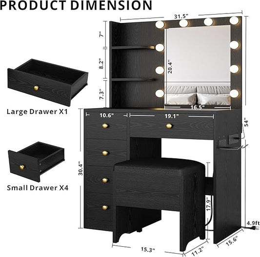 IRONCK Vanity Desk with Mirror and Lights, Small Makeup Vanity Table with 5 Drawers, Power Outlet, and Vanity Stool, 3 Lighting Colors, Dressing Table for Women Girls Bedroom, Black
