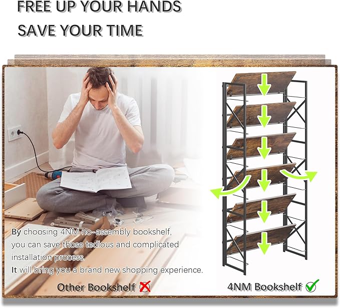 4NM 6 Tiers No Assembly Book Shelves, 61.8" H Folding Bookshelf Bookcase Open Industrial Foldable Shelves for Bedroom, Living Room, Home Office - Rustic Brown Black