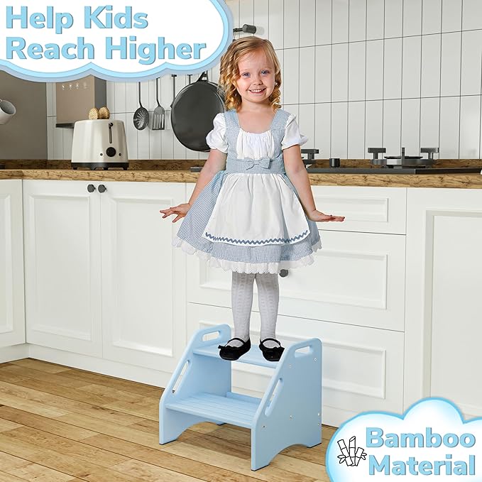 AMBIRD Wooden Step Stool, Two Step Stools 300 lbs Capacity with Safety Non-Slip Pads and Handles, Bamboo Step Stool for Bathroom, Kitchen Dual Height Step Stools for Kids (Sky Blue)