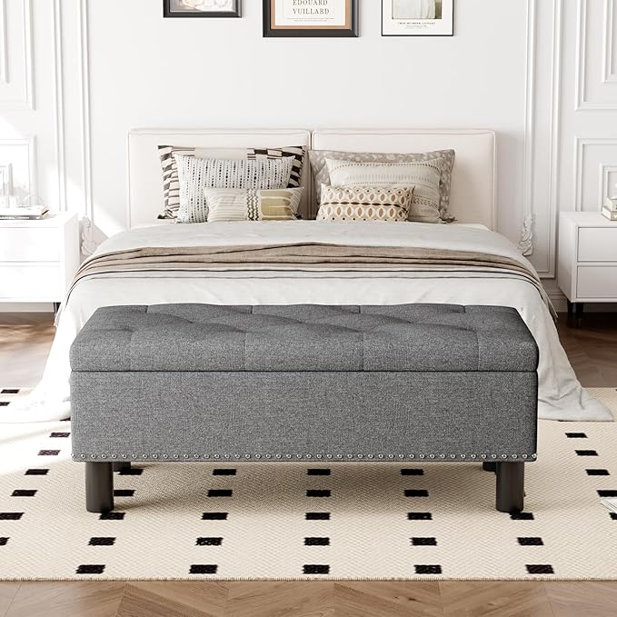 Furniliving Ottoman Bench with Storage, Folding Storage Ottoman Bench with Wood Legs, Upholstered Bedroom Bench with Button-Tufted, Entryway Bench Storage Bench for Bedroom, Linen (Darkgrey)