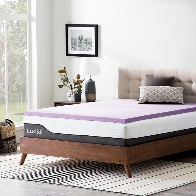Lucid 2 Inch Lavender Infused Memory Foam Mattress Topper - Ventilated Design – Pressure Relieving Bed Topper - Mattress Pad – CertiPur Certified - Twin XL Size