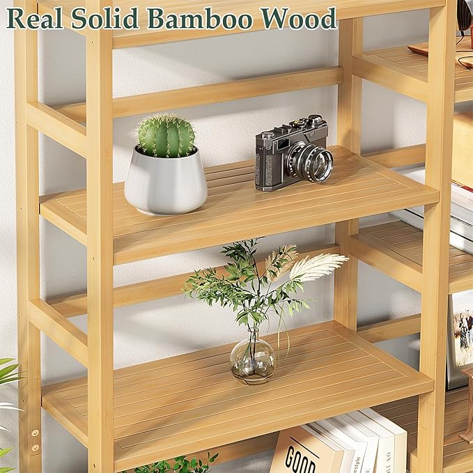 Homykic Bamboo Triple Wide Shallow Bookshelves and Bookcases, 6-Tier 6ft Tall Bookshelf with 17 Open Display Shelves, Large Freestanding Book Shelf for Home Office, Bedroom, Living Room, Natural