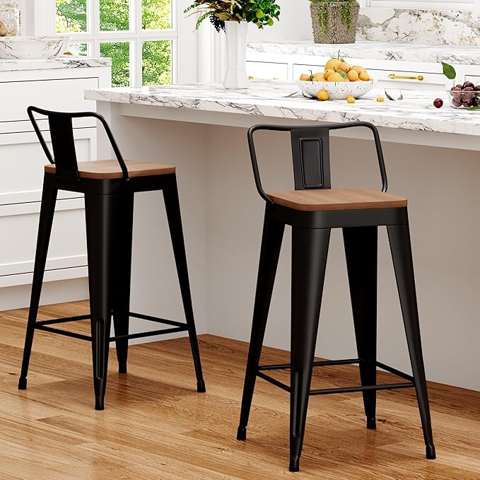 WENTMENT Bar Stools Set of 2 Counter Height Metal Barstools with Removable Back 30" Kitchen Bar Stools with Wooden Seat, Black