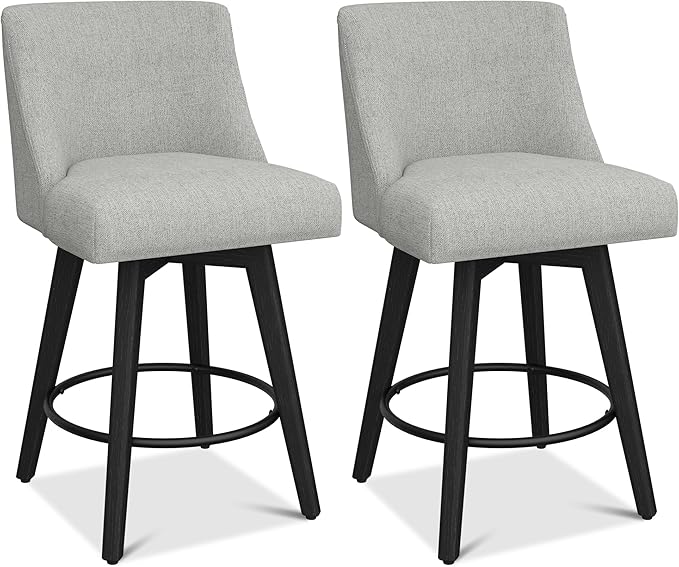 Counter Height Bar Stools Set of 2, Modern Swivel Barstools with Back and Wood Legs, Linen Fabric Upholstered Counter Height Stools, 26" H Kitchen Island Stools, Home Bar, Light Grey