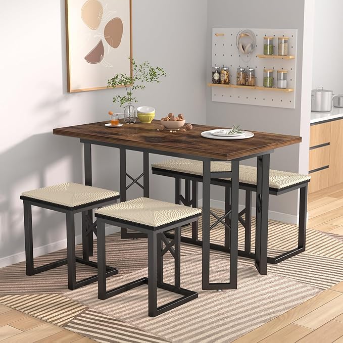 VECELO 43.3" Dining Table Sets, Farmhouse Small Kitchen Table for 4 with 3 Benches Wicker Mats,Metal Frame Space-Saving Adjustable Feets Coffee Table for Home Kitchen Dining, Dark Brown