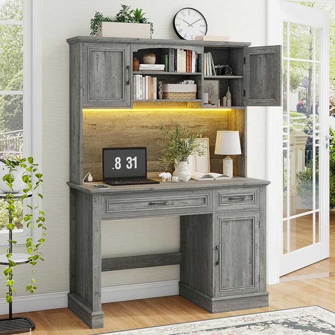Farmhouse 47" Executive Desk with Hutch, 2 Drawers and LED Light, Computer Desk with Storage Cabinet and Charging Station,Workstation for Home Office and Study.Grey
