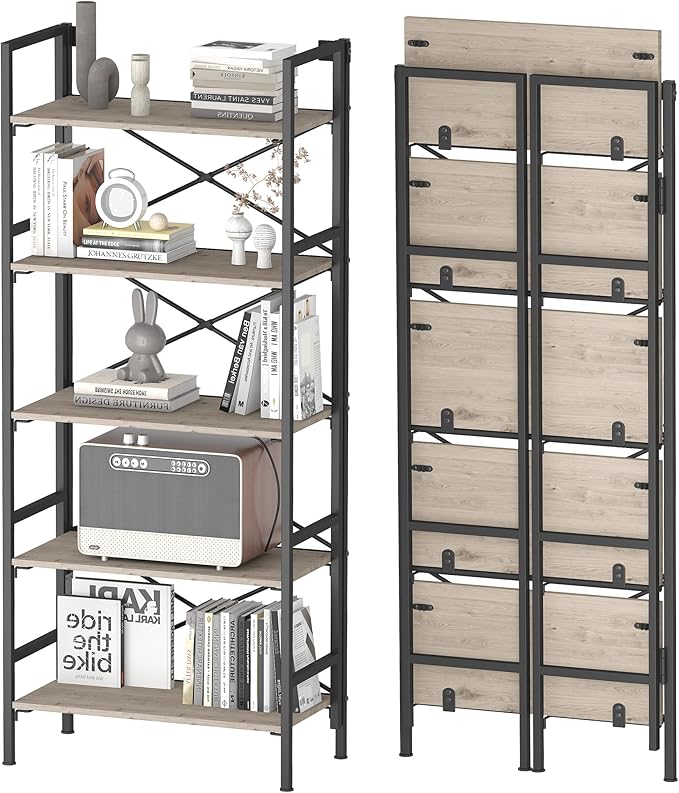 Folding Bookshelf,5 Tier Bookcase Foldable Shelf with X-Bracket Design, Adjustable Feet, Space Saving Storage for Living Room, Office