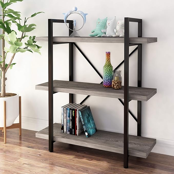 45MinST 3-Tier Vintage Industrial Style Bookcase/Metal and Wood Bookshelf Furniture for Collection,Gray Oak, 3/4/5 Tier (3-Tier)
