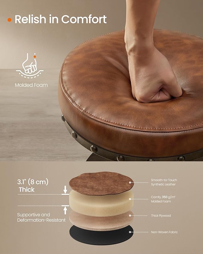 SONGMICS HOME Bar Stools, Set of 2, Steampunk Counter Stool for Kitchen, Adjustable Height and Swivel Padded Seat, Workbench Stool, 16.5 x 19.3 x 24.6-29.3 Inches, Caramel Brown ULJB096K01