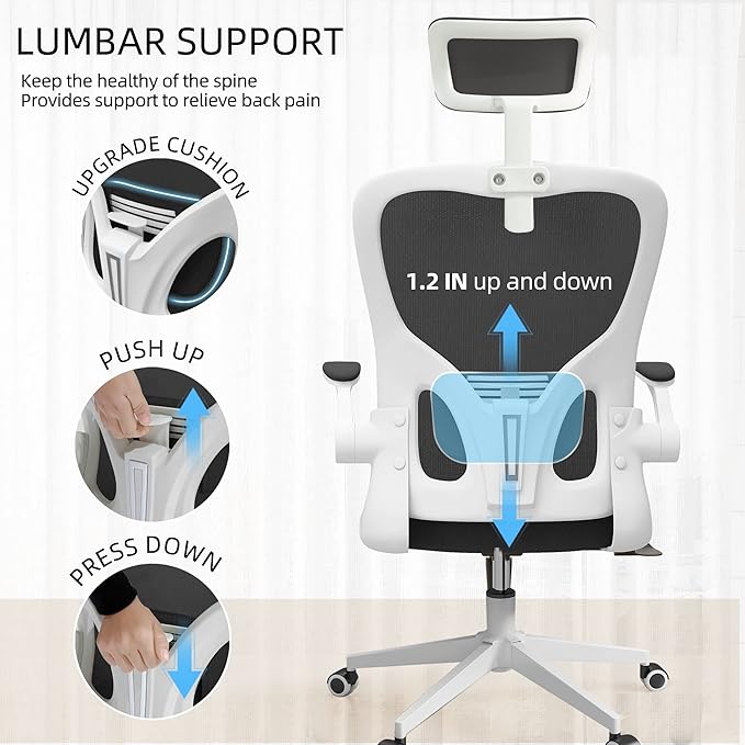 Monhey Office Chair Ergonomic Desk Chair with Lumbar Support&Headrest&Flip-up Arms Height Adjustable Rocking Swivel High Back Computer Chair Warm Taupe Mesh Study Chair (03White+Black)