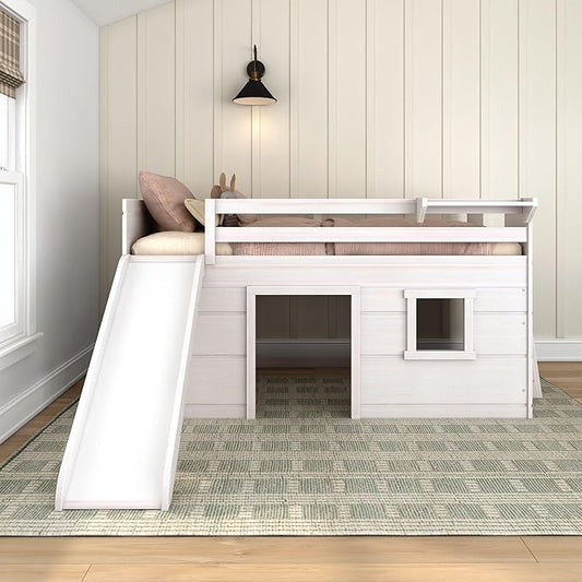 Max & Lily Loft Bed Twin Size, Solid Wood Low Loft Bed with Slide and Ladder, Modern Farmhouse Loft Bed for Kids, White Wash