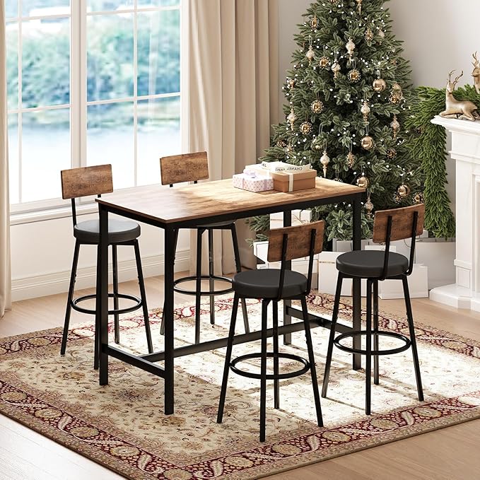 Dining Table Set for 4, 5-Piece Bar Table Set, Kitchen Table and Chairs, Counter Height High Top Table with 4 PU Upholstered Stools, Space-Saving Pub Table Sets for Small Space, Brown