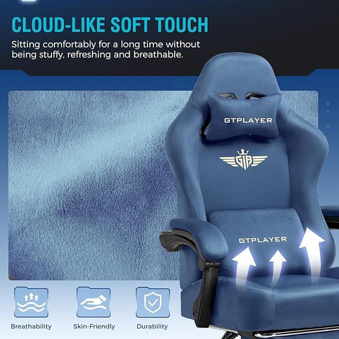 GTPLAYER Gaming Chair Fabric with Pocket Spring Cushion, Big and Tall Gamings Chairs 350LBS High Back Computer Chair with Footrest for Adults Lumbar Support Swivel Game Chair for Office Gaming Blue