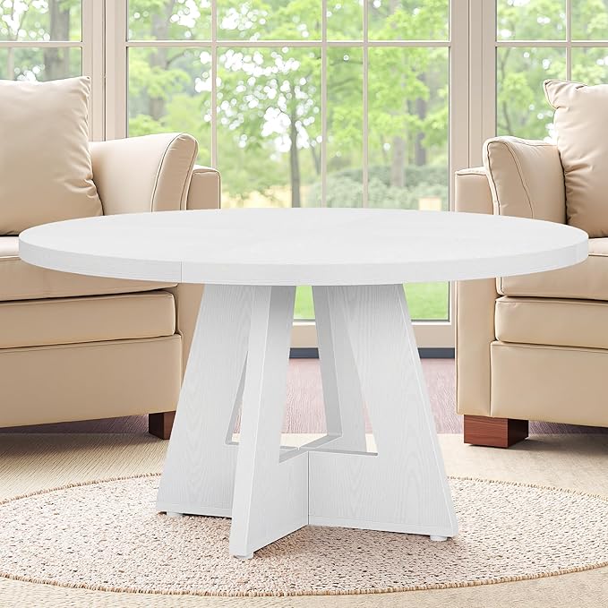 NicBex 47-Inch Round Dining Table for 4, Farmhouse Dinner Table Small Farmhouse Kitchen Tables with Wood Pedestal Base for Dining Room, Kitchen, Living Room, White