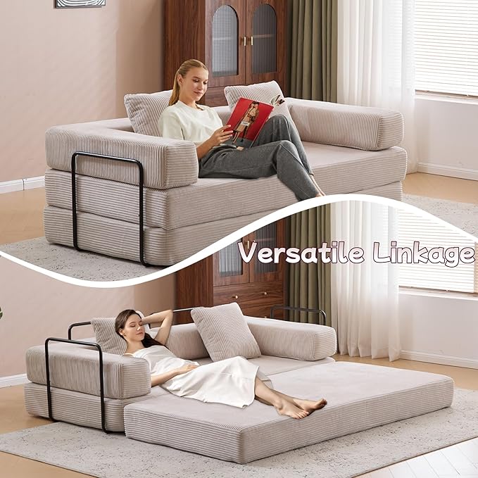 Convertible Sofa Bed, Compression Futon Sofa with Pillows & Armrest, Foldable Mattress Couch with Fixed-Shape Frame, Comfy Couch Lounge Sleeper Bed for Living Room Bedroom, Light Gray