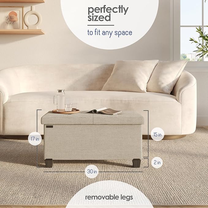 STORAGEBUD Storage Ottoman Bench with Bins, 30-in Storage Bench for Bedroom End of Bed, Folding Foot Rest Ottoman for Living Room Max 660lbs, Fabric Ottomans, Beige