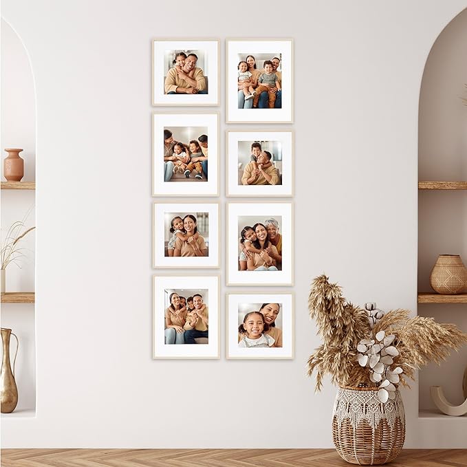 Camden Reed Arcadia 8 Piece Oversized Gallery Wall Frame, 11x14 and 11x11 inch matted frames for featuring 8x10 and 8x8 Inch Photographs or Art Prints, Natural Finish