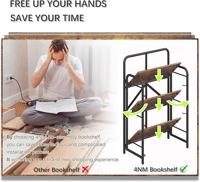 4NM No Assembly Folding Bookshelf 3 Tiers Vintage Industrial Black Book Shelf Metal Foldable Storage Bookcase and Bookshelves for Living Room,Bedroom and Kitchen - Rustic Brown