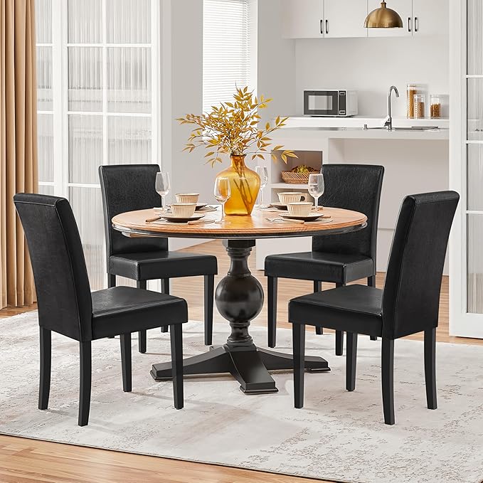 Yaheetech Dining Chairs Set of 4 PU Leather Upholstered Parsons Dining Chairs with Solid Wood Legs for Kitchen/Living Room/Restaurant, Modern Style, Black