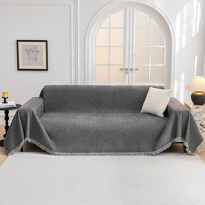 MYSKY HOME Couch Cover for Dogs, Washable Couch Covers, Non Slip Couch Sofa Cover, Couch Cover 2 Cushion Sofa Dogs Furniture Protector with Tassels Chenille Sofa Covers for Pets, 71"x118", Dark Grey