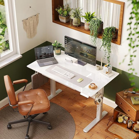INNOVAR Glass Standing Desk with Drawers, 40×24 Inch Adjustable Stand Up Desk Quick Install Home Office Computer Desk, Super White