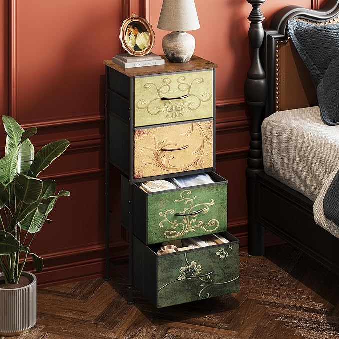 WLIVE Dresser with 4 Drawers, Storage Tower, Organizer Unit, Fabric Dresser for Bedroom, Hallway, Entryway, Closets, Vintage Furniture with Sturdy Steel Frame, Wood Top, Pull Handle, Floral Painted