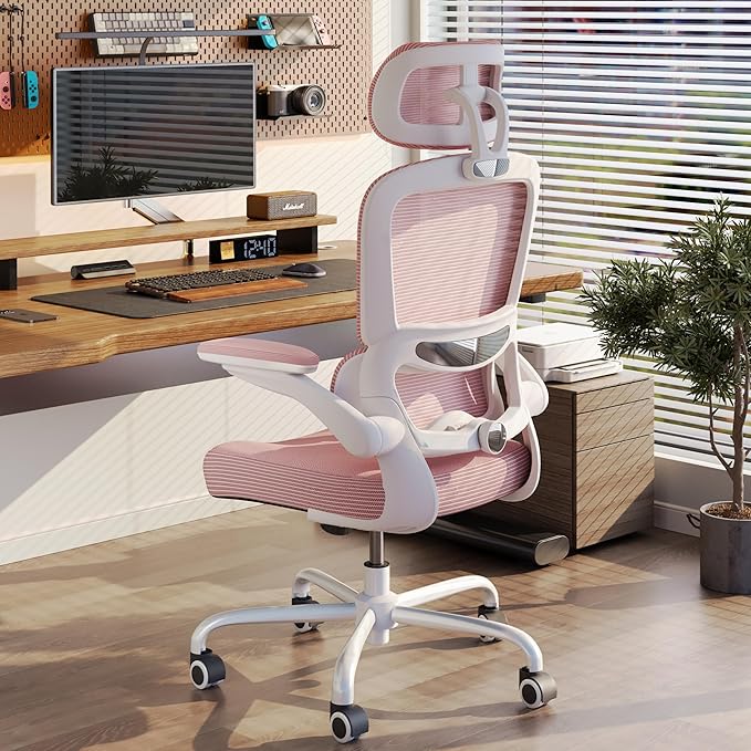 TRALT Ergonomic Office Chair - Desk Chair with Adjustable Headrest Lumbar Support Computer Chair - Mesh Comfy Chair with Flip-up Armrests - Gaming Chairs for Adults Home Office (Leather, Pink)
