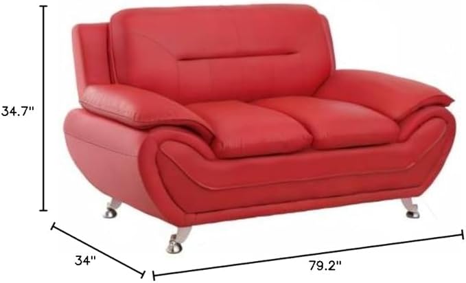 Container Furniture Direct Michael Modern Faux Leather Upholstered Stainless Steel Legs Living Room Loveseat, Persian Red
