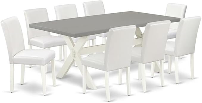 East West Furniture X097AB264-9 9 Piece Dining Table Set Includes a Rectangle Kitchen Table with X-Legs and 8 White Faux Leather Parson Dining Room Chairs, 40x72 Inch, Multi-Color