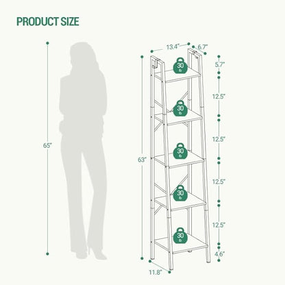 Ladder Shelf, Bookshelf Bookcase, Freestanding Corner Storage Shelve with 2 Hooks for Home Office, Living Room, Kitchen, Bedroom, Industrial, 5-Tier White Gold BC03213G