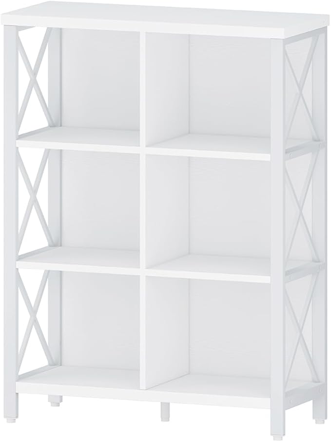 FATORRI 6 Cube Storage Organizer Shelf, Wood and Metal Cubby Bookshelf, Modern Cube Book Shelf (White Oak)