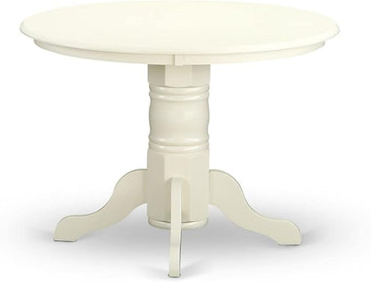 East West Furniture SHEN5-LWH-06 5 Piece Kitchen Table Set Includes a Round Dining Room Table with Pedestal and 4 Dark Shitake Linen Fabric Upholstered Chairs, 42x42 Inch, Linen White