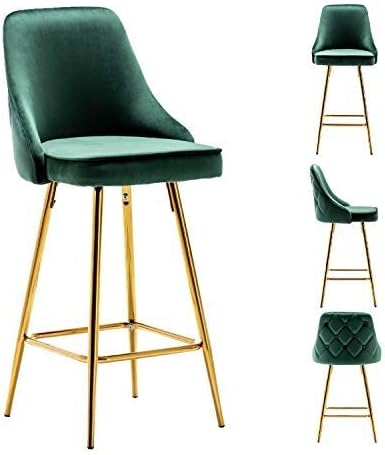 BTEXPERT Set of 2 Pack, upholstered Dining Bar Chairs Footrest High Back Counter Height Barstools Stool, Tufted Green Velvet Gold Frame 25" Modern Kitchen Island