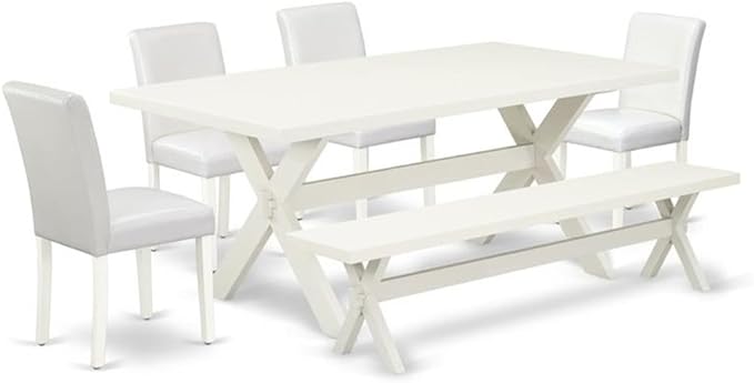 East West Furniture X027AB264-6 6 Piece Dining Table Set Contains a Rectangle Kitchen Table with X-Legs and 4 White Faux Leather Upholstered Chairs with a Bench, 40x72 Inch, Multi-Color