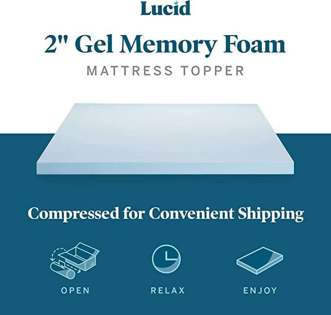 LUCID 2 Inch Gel Memory Foam Mattress Topper with Cover - Full Size - CertiPur-US Certified - White