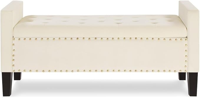 24KF Velvet Modern Upholstered Tufted Button Storage Bench with Arms for Bedroom,Entryway Living Room Soft Padded Seat-Cream