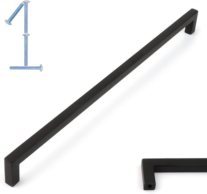 KOOFIZO Solid Square Bar Cabinet Handle - Black Furniture Pull, 12.6 Inch/320mm Screwhole Distance, 1-Piece for Kitchen Cupboard Door, Bedroom Dresser Drawer, Bathroom Wardrobe Hardware