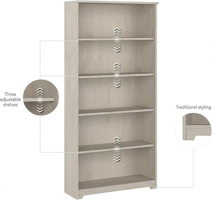 Bush Furniture Cabot Tall 5 Shelf Bookcase | Large Open Bookshelf in Linen White Oak | Sturdy Display Cabinet for Library, Living Room, and Home Office