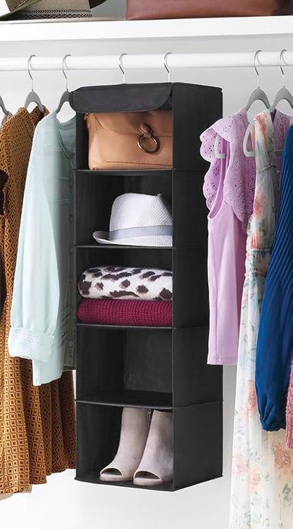 Whitmor 5 Section Closet Organizer - Hanging Shelves with Sturdy Metal Frame, Black