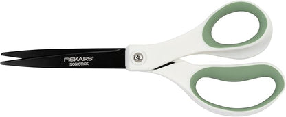 Fiskars Everyday Fashion Scissors, 8" Non-Stick Stainless Steel Blades, White and Green, Cuts Sticky Materials Like Tape and Glue