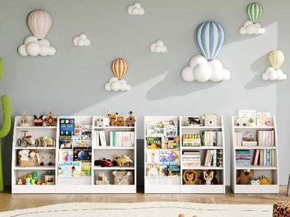 4 Tier Kids Bookshelf Set of 2, 4 Layer Sling Kids Book Shelf for Kids Rooms,Wood Children Bookcase,Baby Storage Book Rack,Toddler Bookshelf, Book and Toy Organizer,Book Display Shelf for Nursery