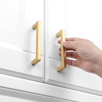 KOOFIZO Solid Square Bar Cabinet Handle - Brushed Gold Furniture Pull, 3.8 Inch/96mm Screwhole Distance, 10-Pack for Kitchen Cupboard Door, Bedroom Dresser Drawer, Bathroom Wardrobe Hardware