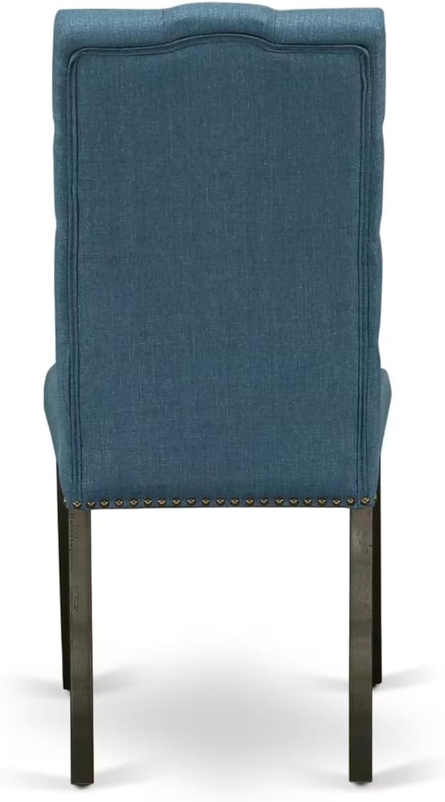 East West Furniture V627EL121-9 9 Piece Dining Table Set Includes a Rectangle Dining Room Table with V-Legs and 8 Blue Linen Fabric Upholstered Parson Chairs, 40x72 Inch, Multi-Color