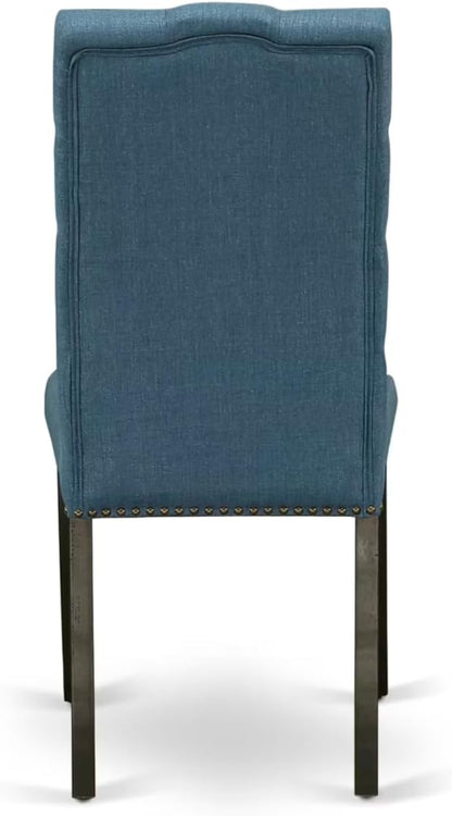 East West Furniture V627EL121-9 9 Piece Dining Table Set Includes a Rectangle Dining Room Table with V-Legs and 8 Blue Linen Fabric Upholstered Parson Chairs, 40x72 Inch, Multi-Color