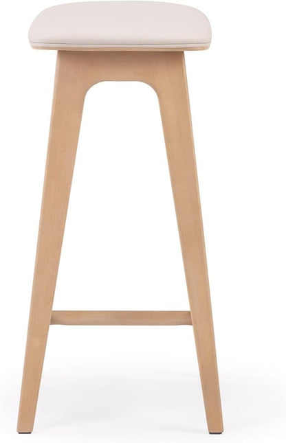 Plank+Beam Beryl Counter Height Stool - Mid-Century Modern Rubberwood Bar Stool with Faux Leather Seat, Metal Footrest, Easy Assembly, 2-Pack, Blonde/Sesame